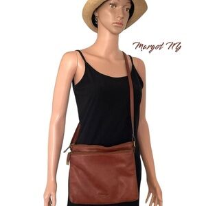 Margot NY Soft Leather Cognac Wine Double Zip Crossbody Vintage Purse Bag